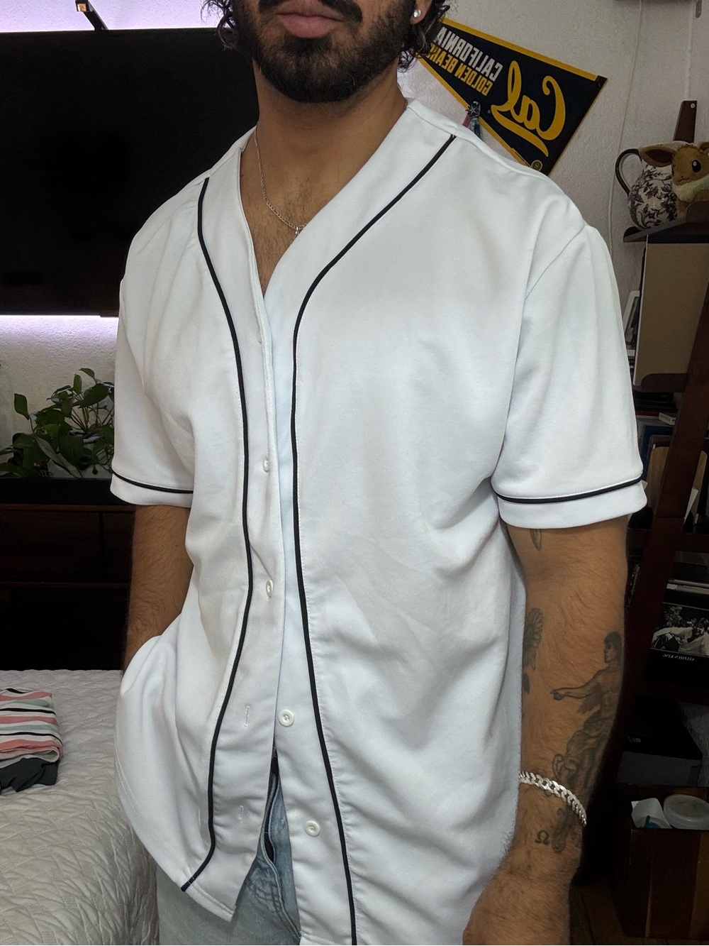 Forever 21 White Baseball Jersey with Black Piping